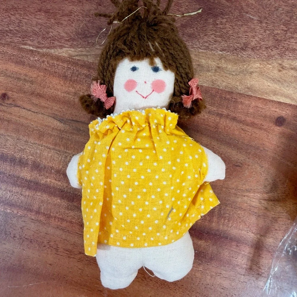 Handmade Cloth Doll Yellow Polka Dot Dress Cheerful Face Handmade Ornament